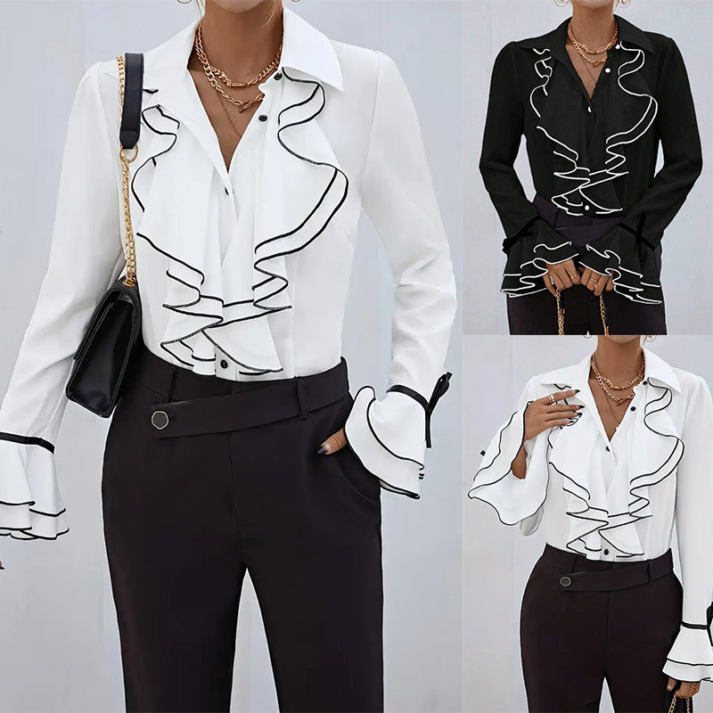 Solid Color Casual Ruffled Flared Sleeve Shirt Top