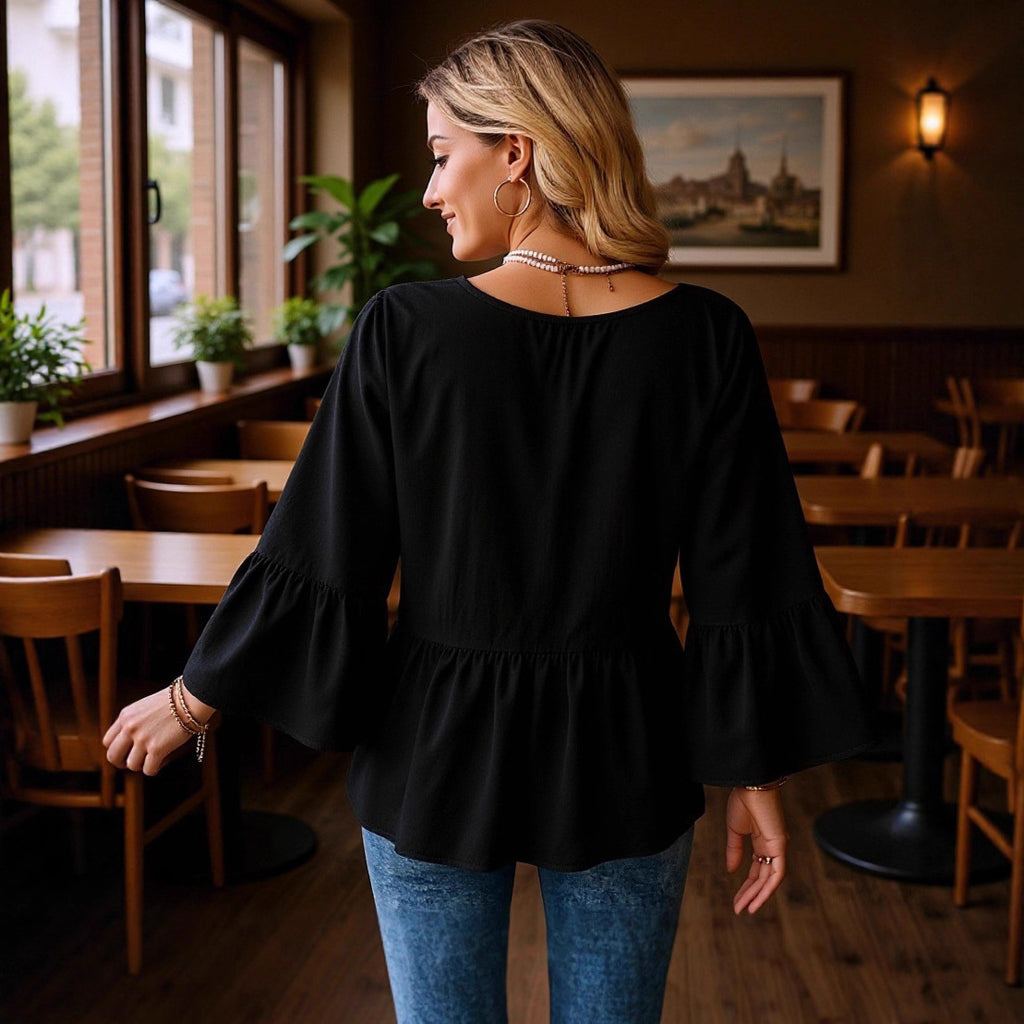 Women's Solid Color Casual Seven-point Flared Sleeve Shirt