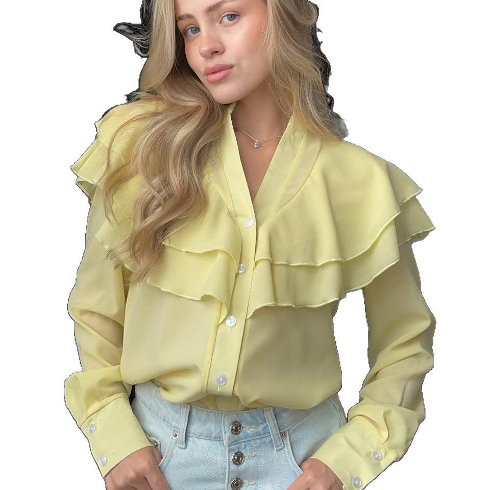 Casual Lotus Leaf V-neck Chiffon Women Temperament Shirt