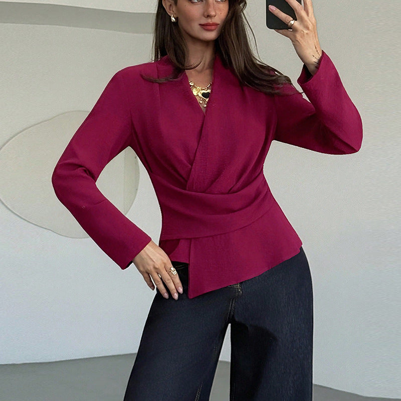 French Style Solid Color Long Sleeve Shirt Waist Slimming
