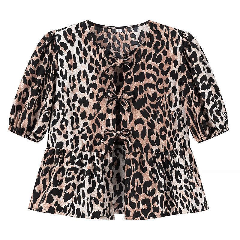 New Animal Print Knot Short Sleeve Round Neck Tie Shirt
