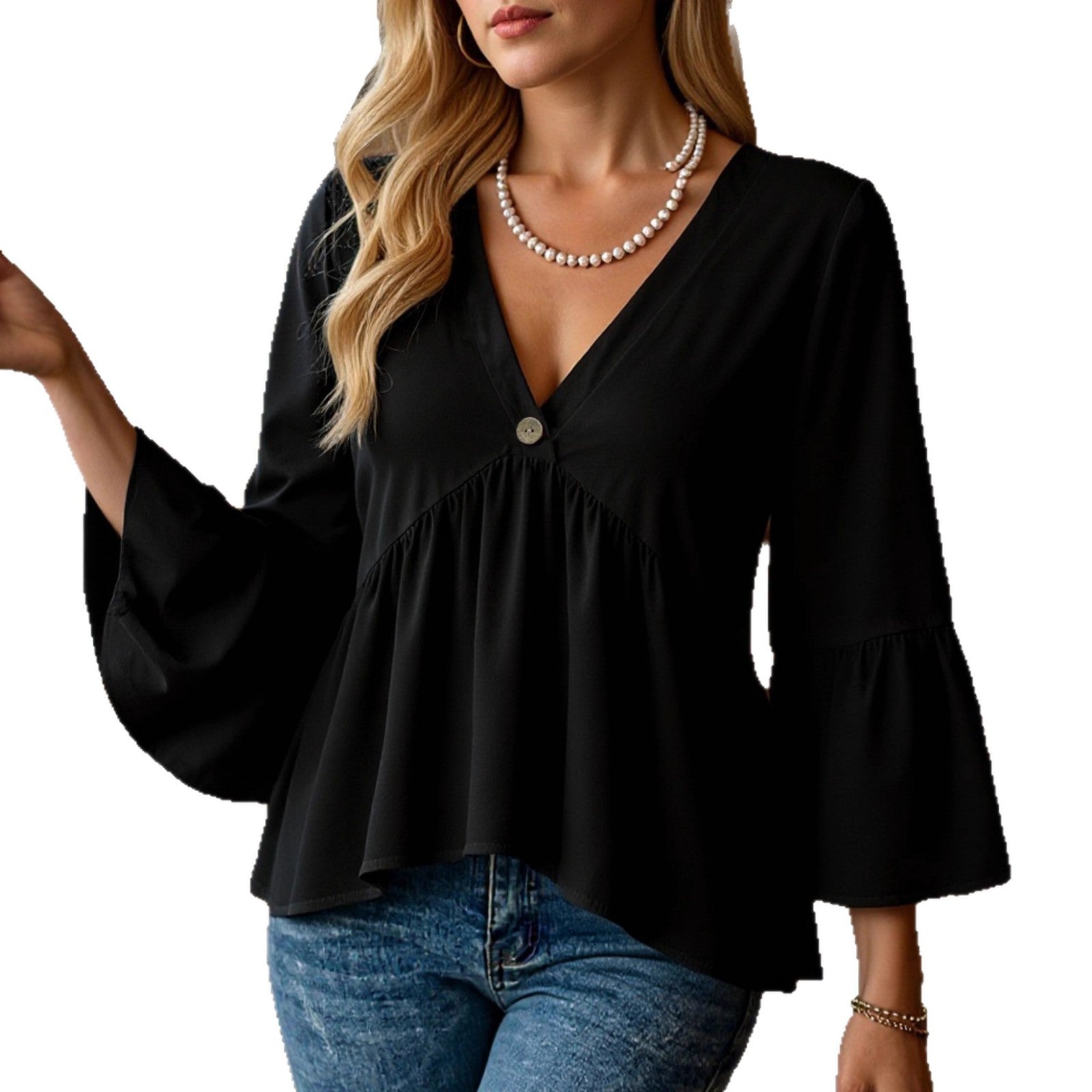 Women's Solid Color Casual Seven-point Flared Sleeve Shirt