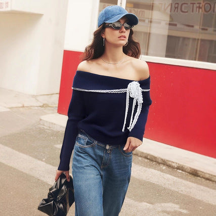 Women's Off-shoulder Casual Cute Contrast Color Tassel Long Sleeve Sweater