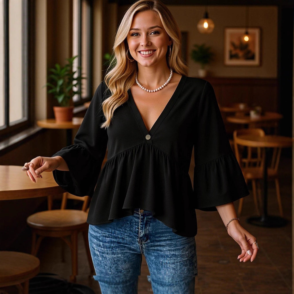 Women's Solid Color Casual Seven-point Flared Sleeve Shirt