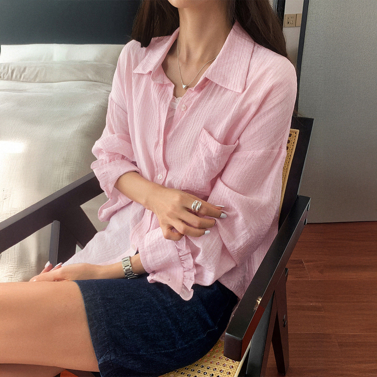 Casual Solid Color Long Sleeve Button Shirt Women's Clothing