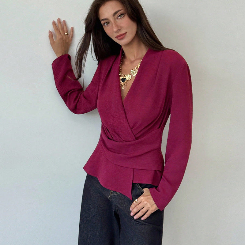 French Style Solid Color Long Sleeve Shirt Waist Slimming