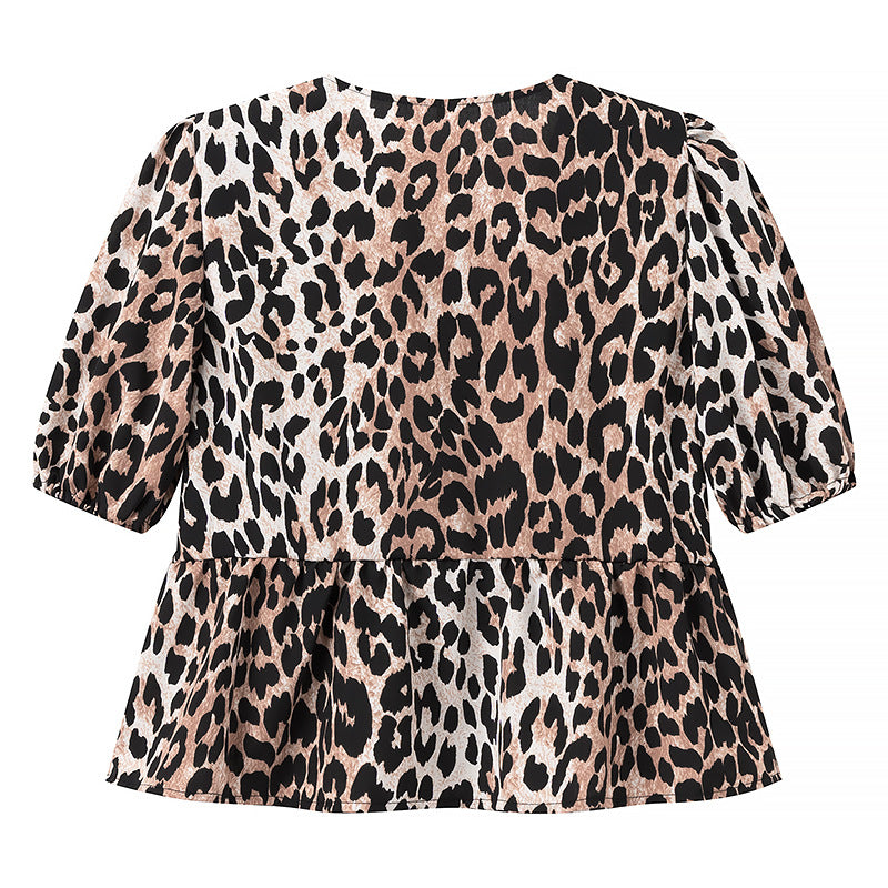 New Animal Print Knot Short Sleeve Round Neck Tie Shirt