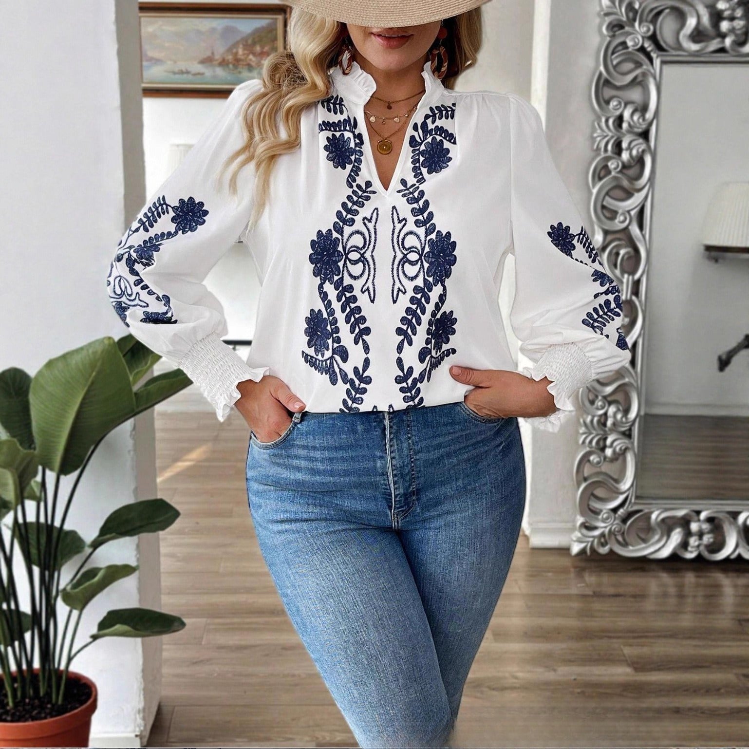 Code Women's New Loose Embroidered Long-sleeved Shirt