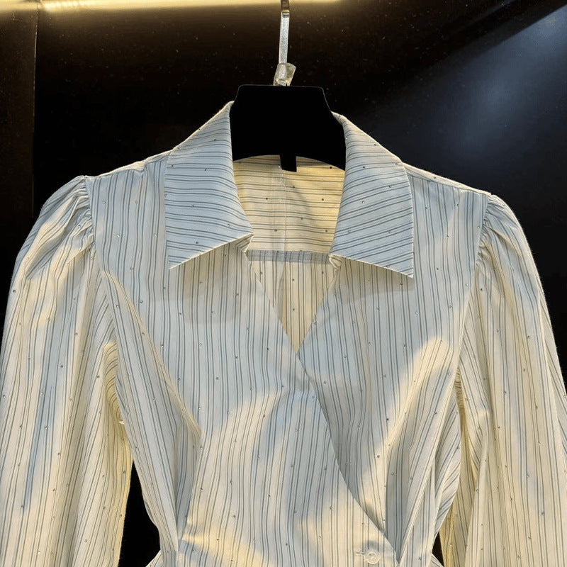Temperament Waist-tie Long-sleeved Shirt Striped Cardigan Women