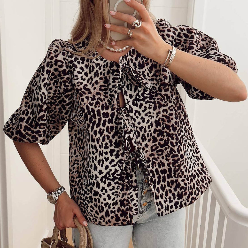 New Animal Print Knot Short Sleeve Round Neck Tie Shirt