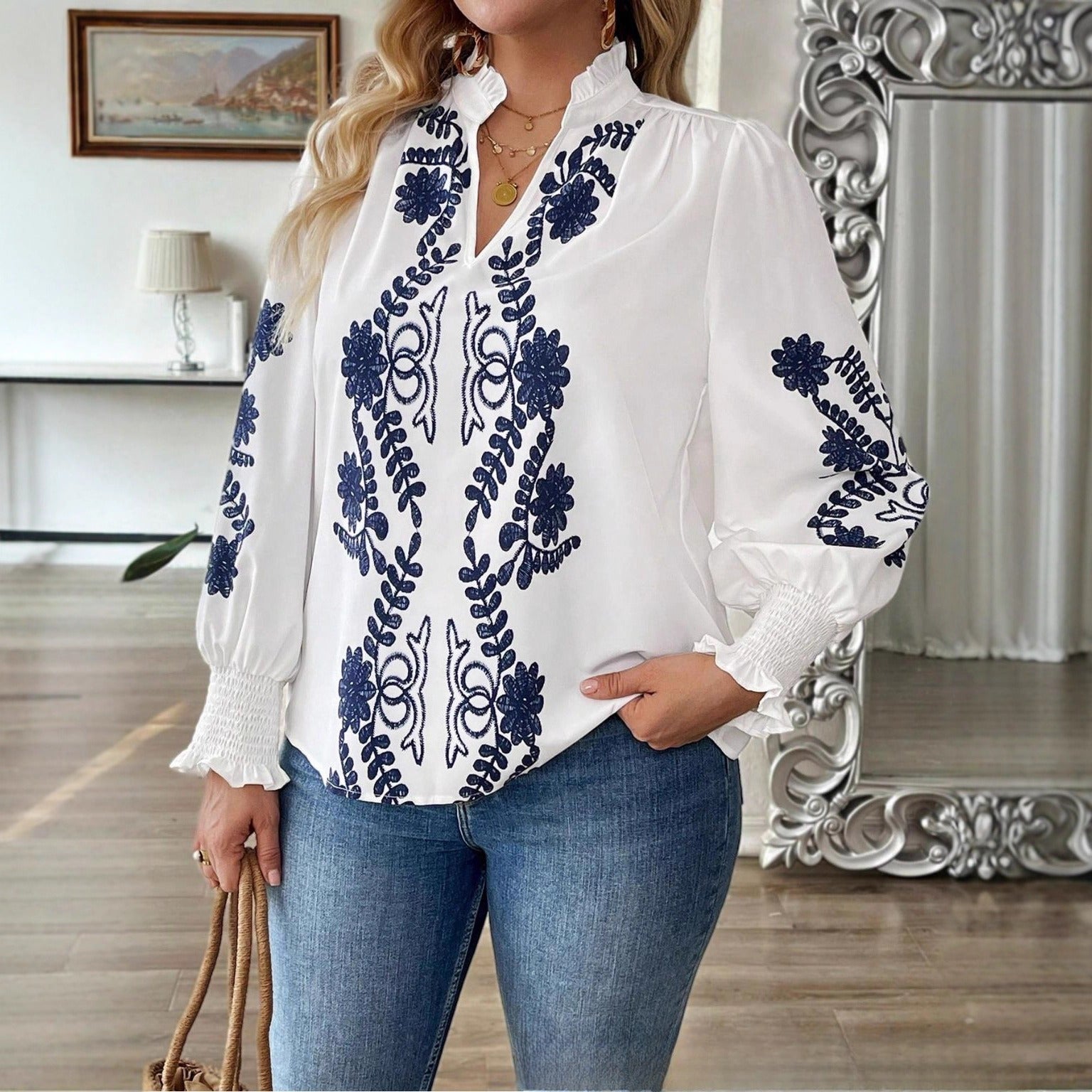 Code Women's New Loose Embroidered Long-sleeved Shirt