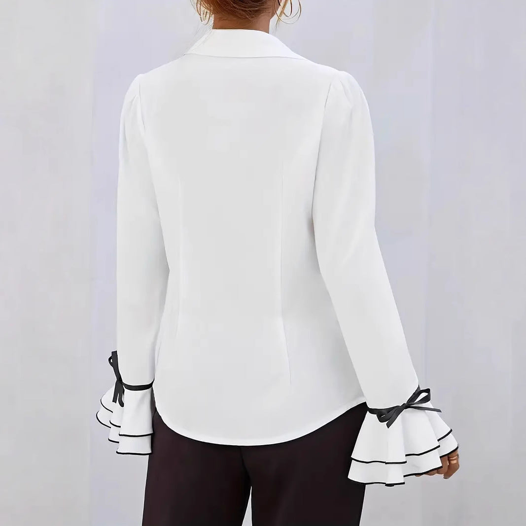 Solid Color Casual Ruffled Flared Sleeve Shirt Top