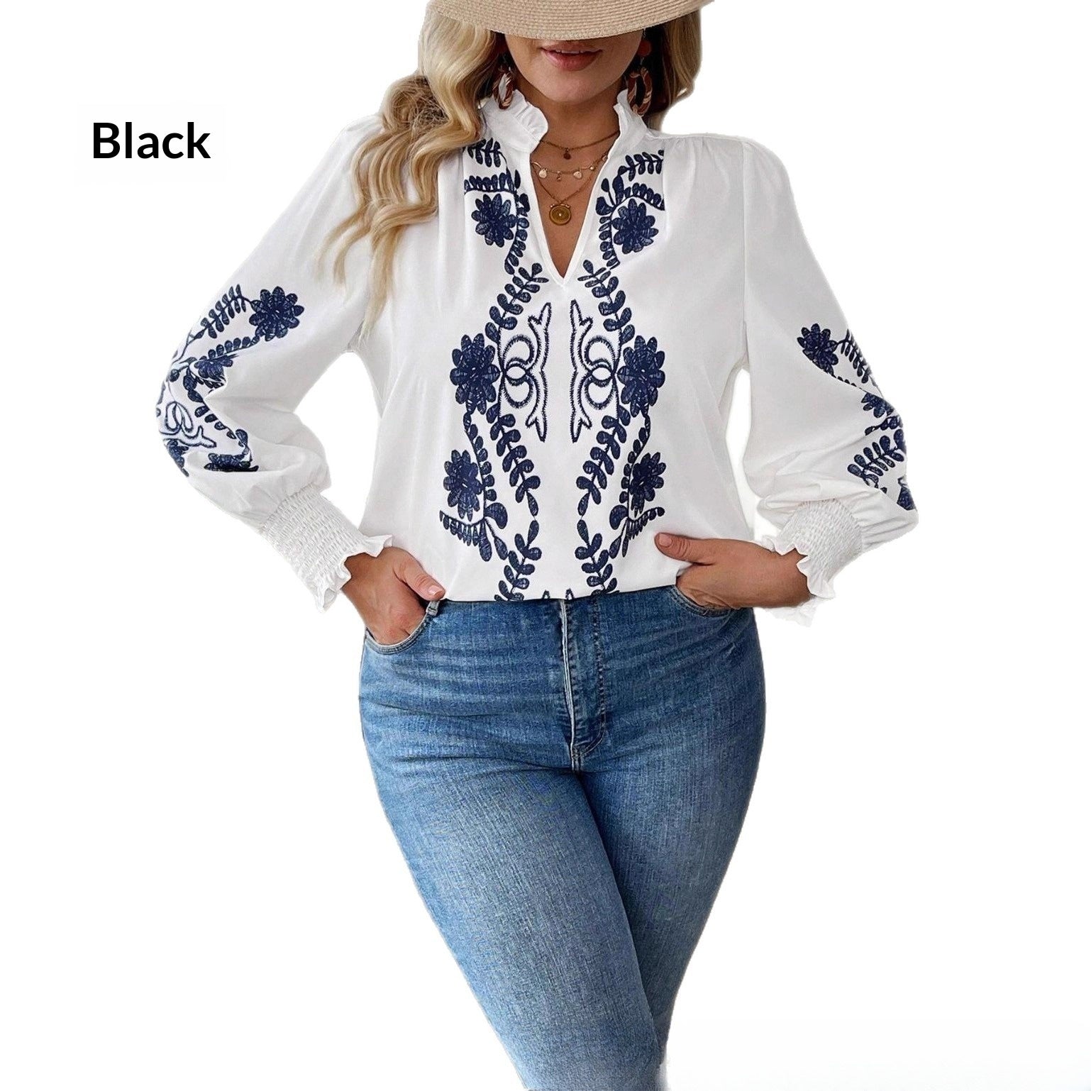 Code Women's New Loose Embroidered Long-sleeved Shirt
