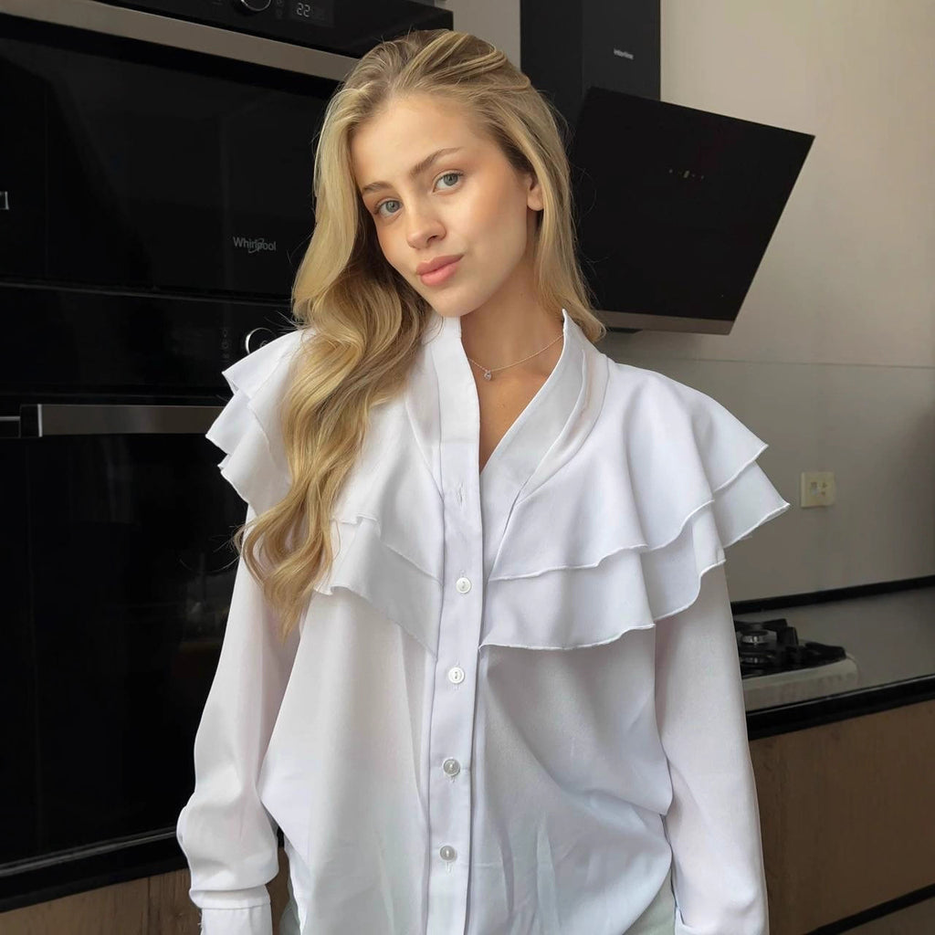 Casual Lotus Leaf V-neck Chiffon Women Temperament Shirt