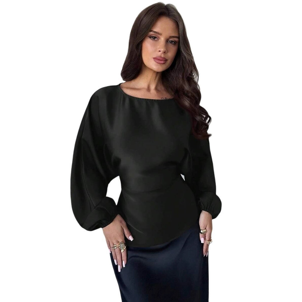 Casual Round Neck Lace-up Waist Shirt For Women