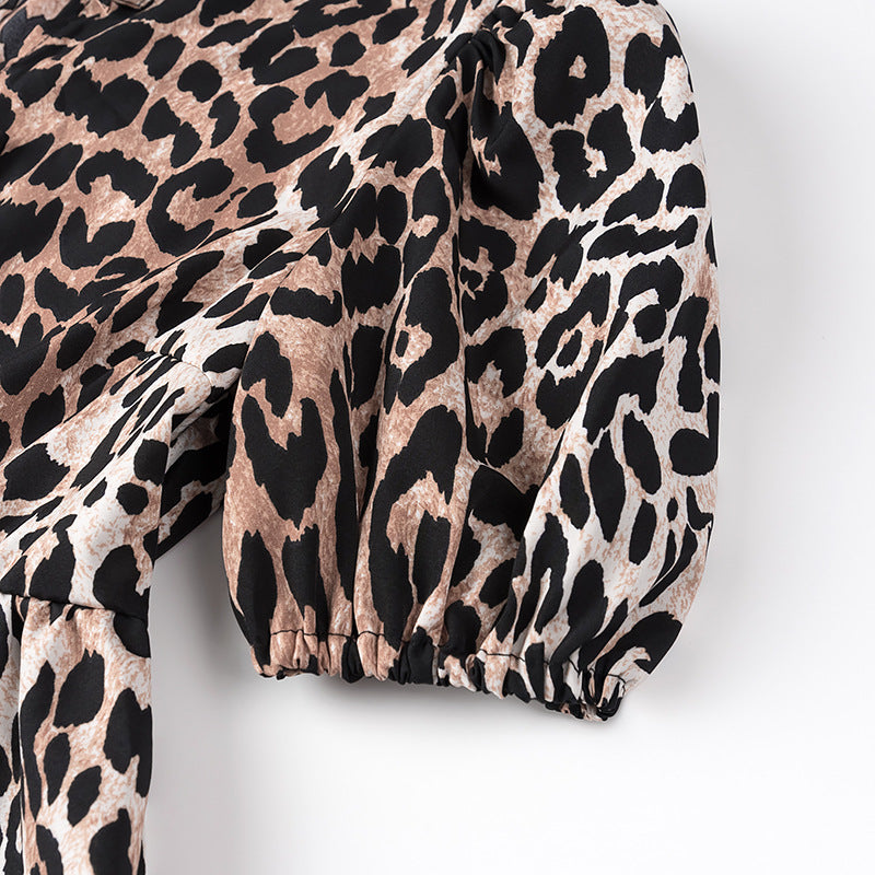 New Animal Print Knot Short Sleeve Round Neck Tie Shirt