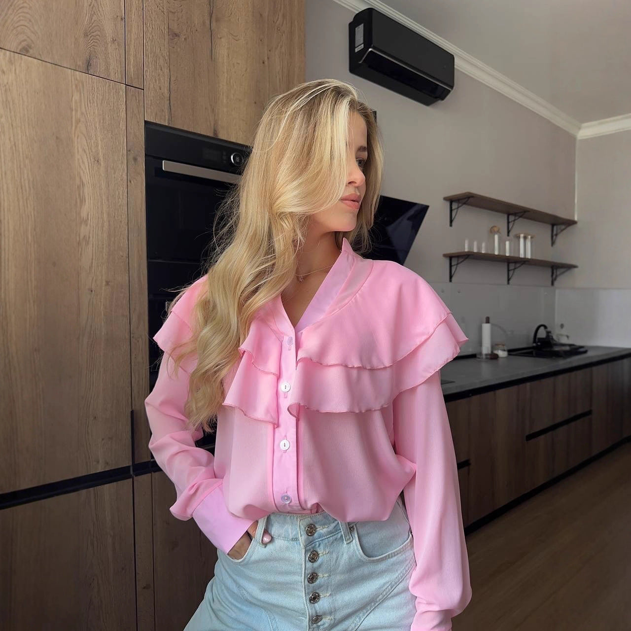 Casual Lotus Leaf V-neck Chiffon Women Temperament Shirt