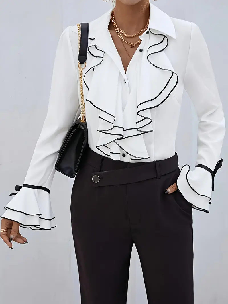 Solid Color Casual Ruffled Flared Sleeve Shirt Top
